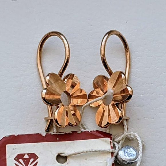NOS Russian USSR 14K 585 Rose Pink Gold Diamond Cut Open Flower Dangle EARRINGS - Picture 3 of 6